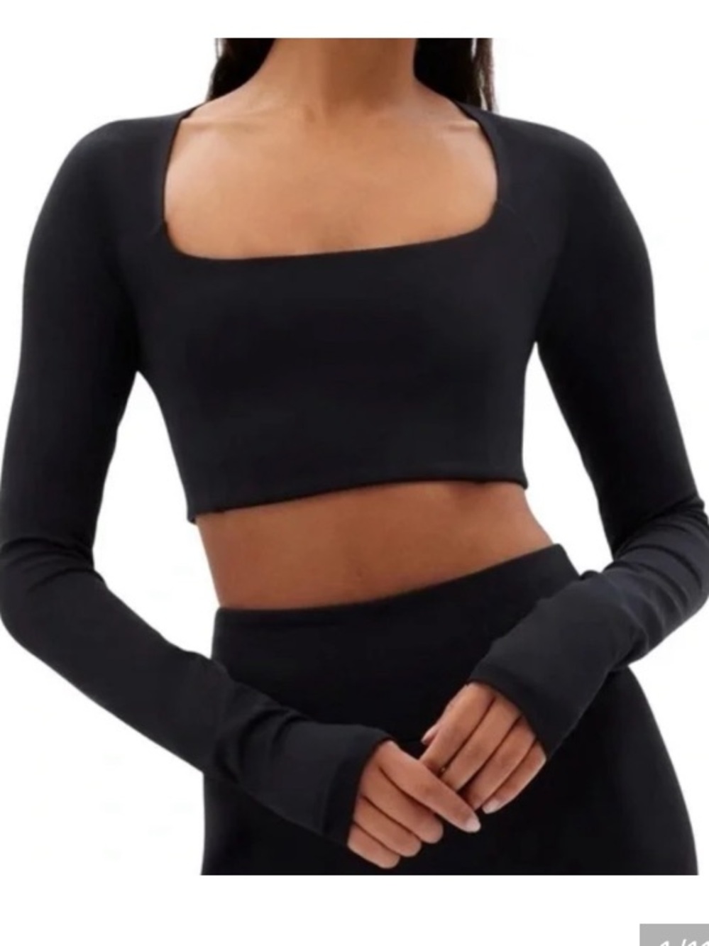 girlfriend collective Black Long-Sleeve Square Neck Crop Top
